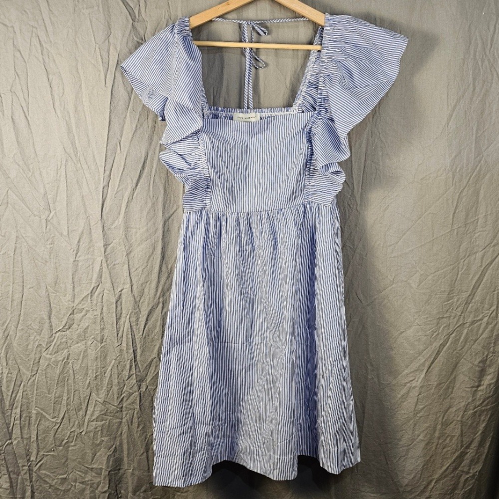 Free Assembly Blue White Striped Ruffle Sleeve Smocked Back Mini Dress Large NWT